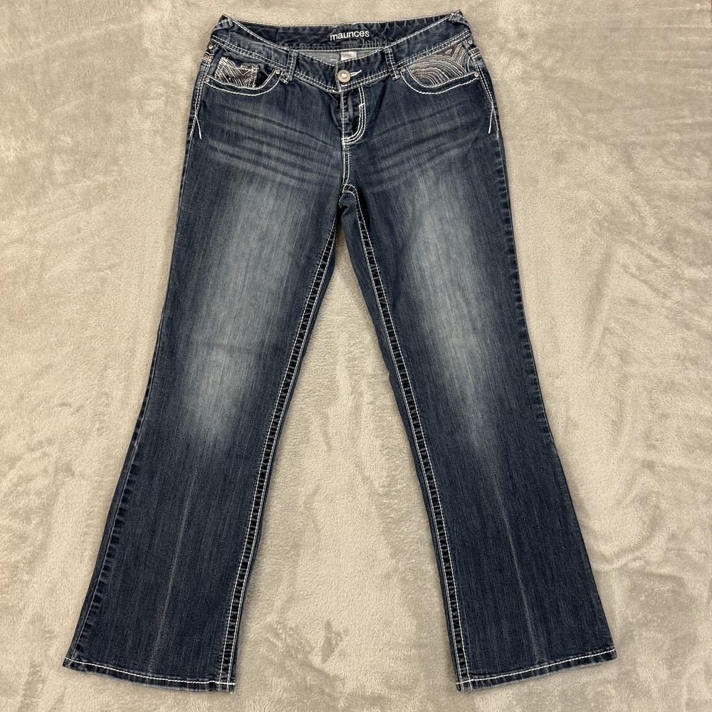 Maurices Jeans Womens 7/8 Blue Bootcut Low Rise Stretch Embellished Thick Stitch